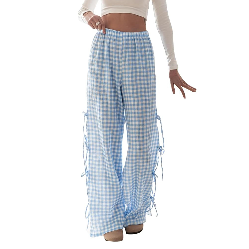 Y2K Gingham Pants for Women Bow Tie Side Slit Wide Leg Lounge Bottom Plaid Checkered Loose Fit Go... | Amazon (US)