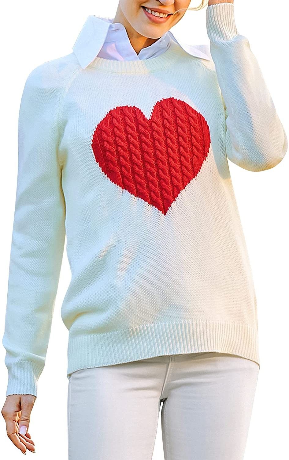 Fashionme Women Juniors Long Sleeve Crewneck Cable Knitted Love Heart Patch Pullover Sweaters Shirts | Amazon (CA)