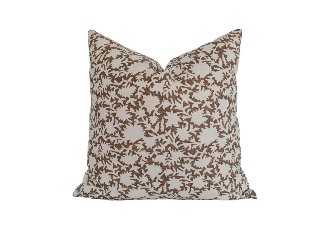 Floral Linen Pillow Cover: Brown Block Print, Modern Farmhouse Style - Etsy | Etsy (US)