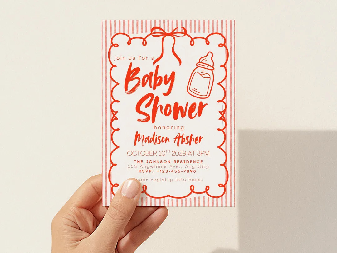 Baby Shower Invitation Bow Striped Red Girl Gender Neutral Retro Bright Fun Colorful Invite Edita... | Etsy (US)