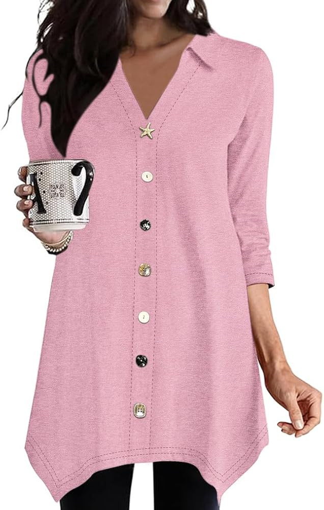 Poetsky 3/4 Sleeve Tunic Tops for Women for Leggings Lapel V Neck Buttons Shirts Hi Lo Long Blous... | Amazon (US)