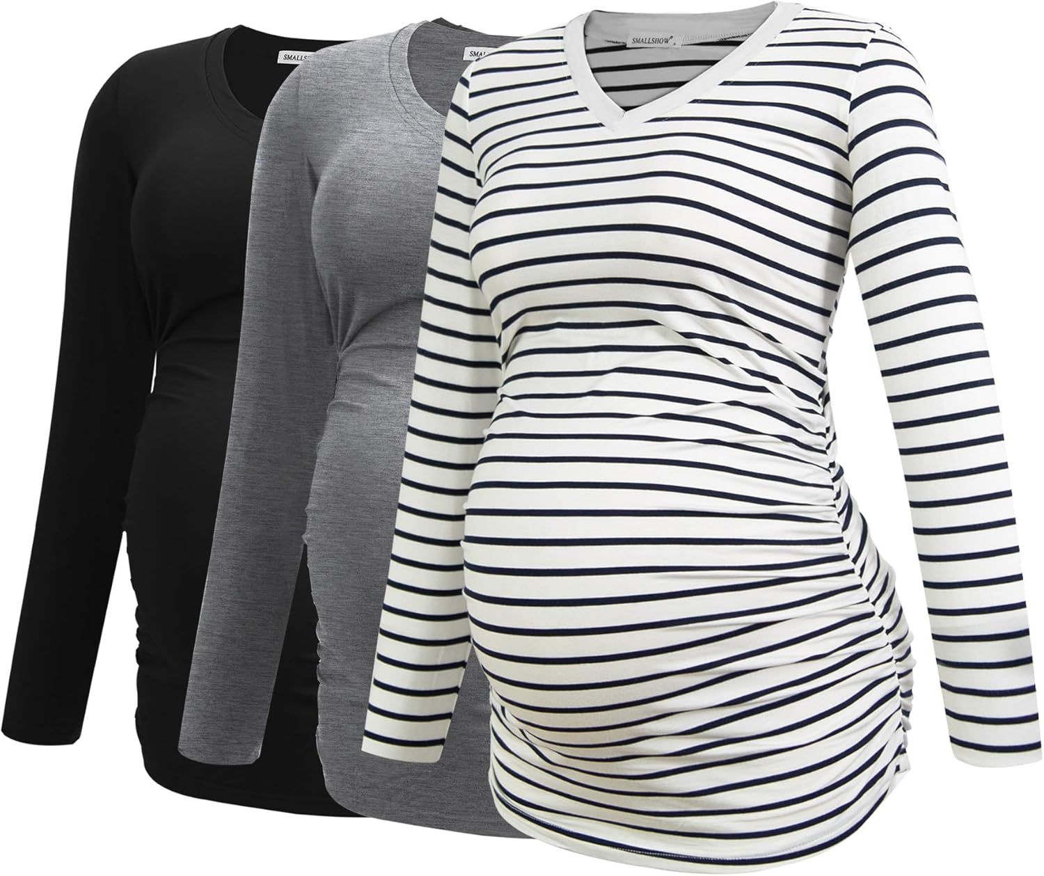 Smallshow Women's V-Neck Maternity Shirt Clothes Long Sleeve Ruched Pregnancy Top | Amazon (US)
