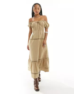 ASOS DESIGN off-shoulder midi dress with pintucks & crochet trims in washed khaki | ASOS (Global)