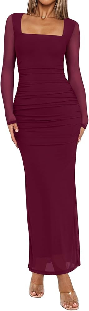REORIA Long Sleeve Wedding Guest Maxi Dresses for Women Sheer Mesh Square Neck Ruched Bodycon Lon... | Amazon (US)