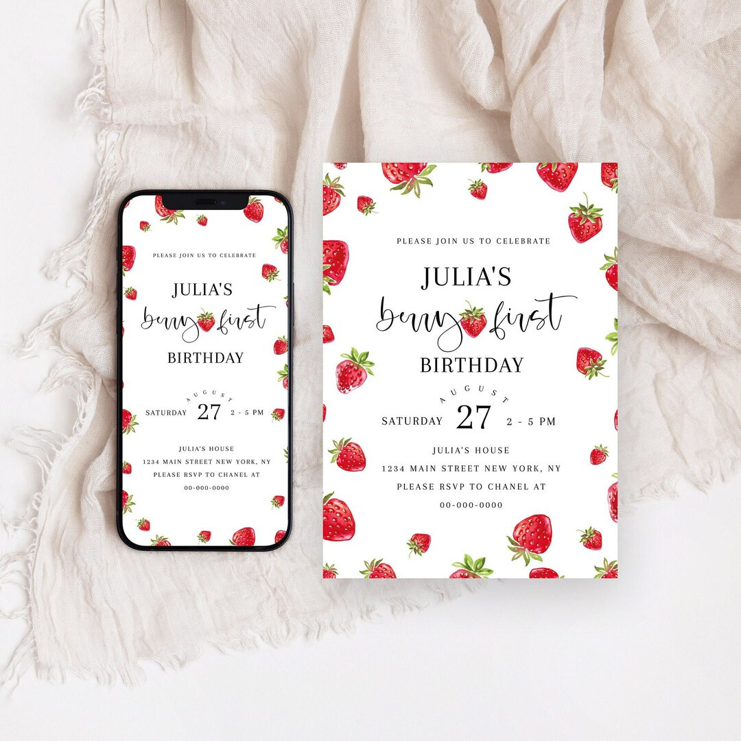 Editable Strawberry Birthday Invitation, Girl 1st Birthday Invitation Template, Berry First Birth... | Etsy (US)