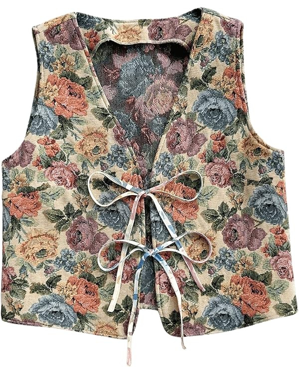 GORGLITTER Women's Floral Bow Tie Front Vest Vintage V Neck Sleeveless Tank Top | Amazon (US)