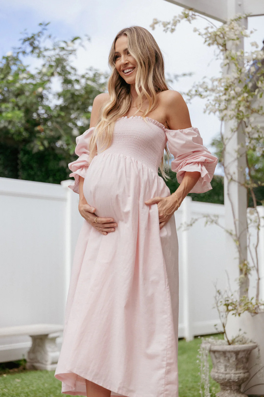 Domenica Shirred Long Sleeve Midi Dress - Pink | Petal & Pup (US)