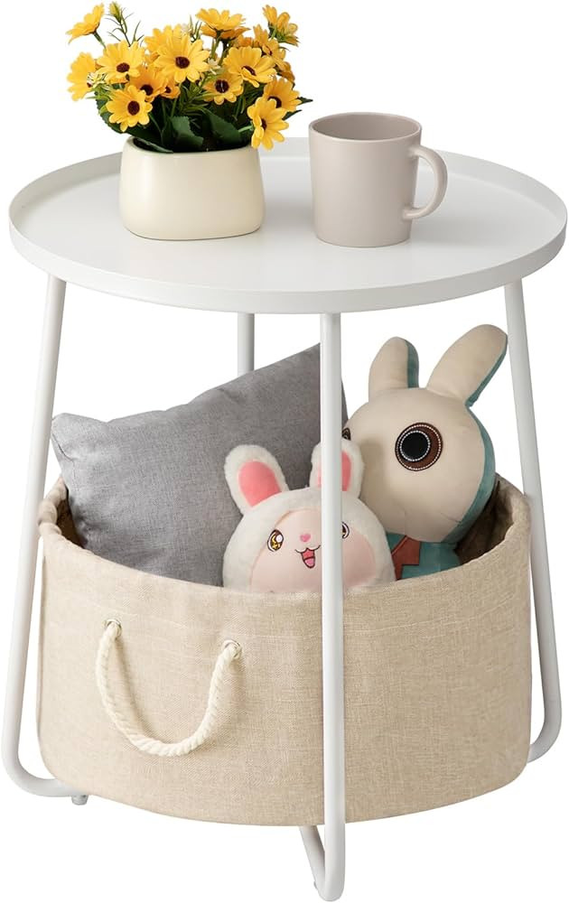 danpinera Small Round Side Table, Metal Side Table with Fabric Storage Basket for Nursery, Living... | Amazon (US)
