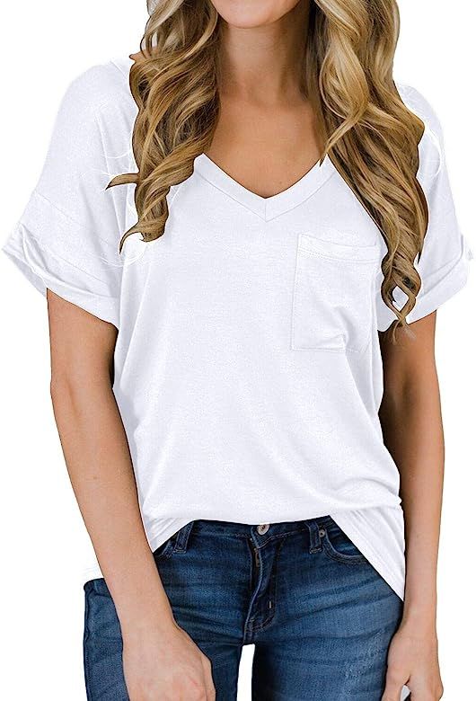 Women's Short Sleeve V-Neck Shirts Loose Casual Tee T-Shirt | Amazon (US)