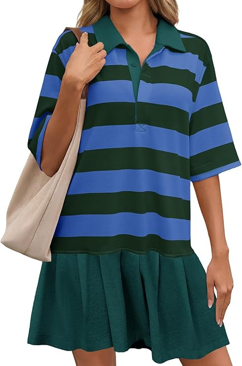 Wenrine Womens Summer Striped Mini Polo V Neck Patchwork Sweatshirt Dress Short Sleeve Loose T Sh... | Amazon (US)
