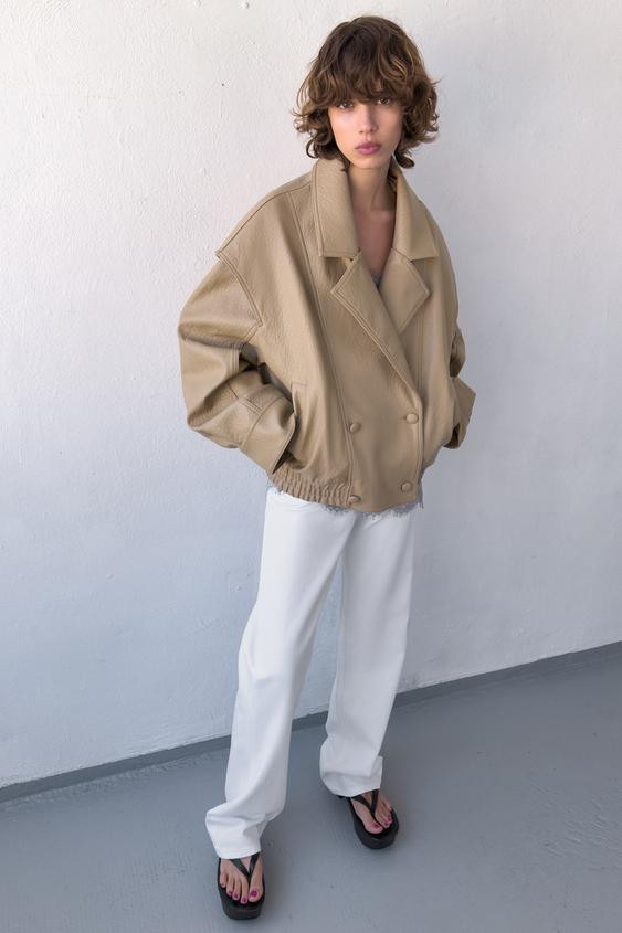 Zara - Faux Leather Bomber Jacket - Stone - S - Woman | Zara Canada