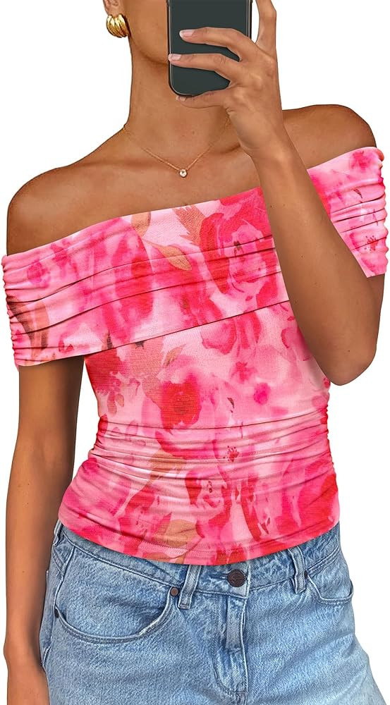 PRETTYGARDEN Off The Shoulder Tops for Women 2025 Summer Short Sleeve Ruched Slim Fit Shirts Blou... | Amazon (US)