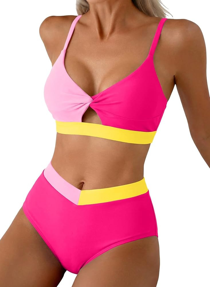 Herseas Women's Bikini Sets Twist Color Block Swimsuits 2 Piece High Waisted Bathing Suit Swim Su... | Amazon (US)