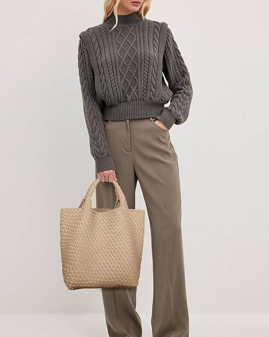 Womens Vegan Leather Woven Bag with Purse, Fashion Handmade Beach Tote Bag Top-handle Handbag | Amazon (US)