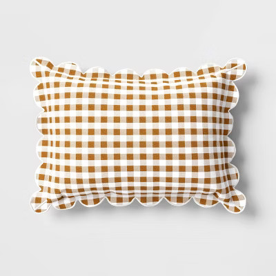 14"x20" Gingham Scalloped Edge Outdoor Lumbar Pillow Brown - Threshold™ designed with Studio Mc... | Target