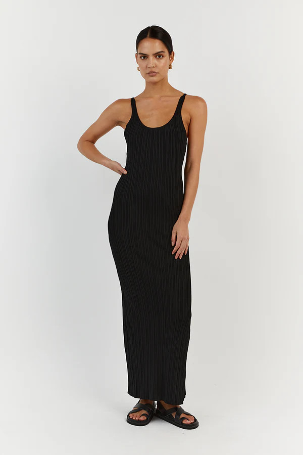 SIENNA BLACK SCOOP MIDI DRESS | DISSH