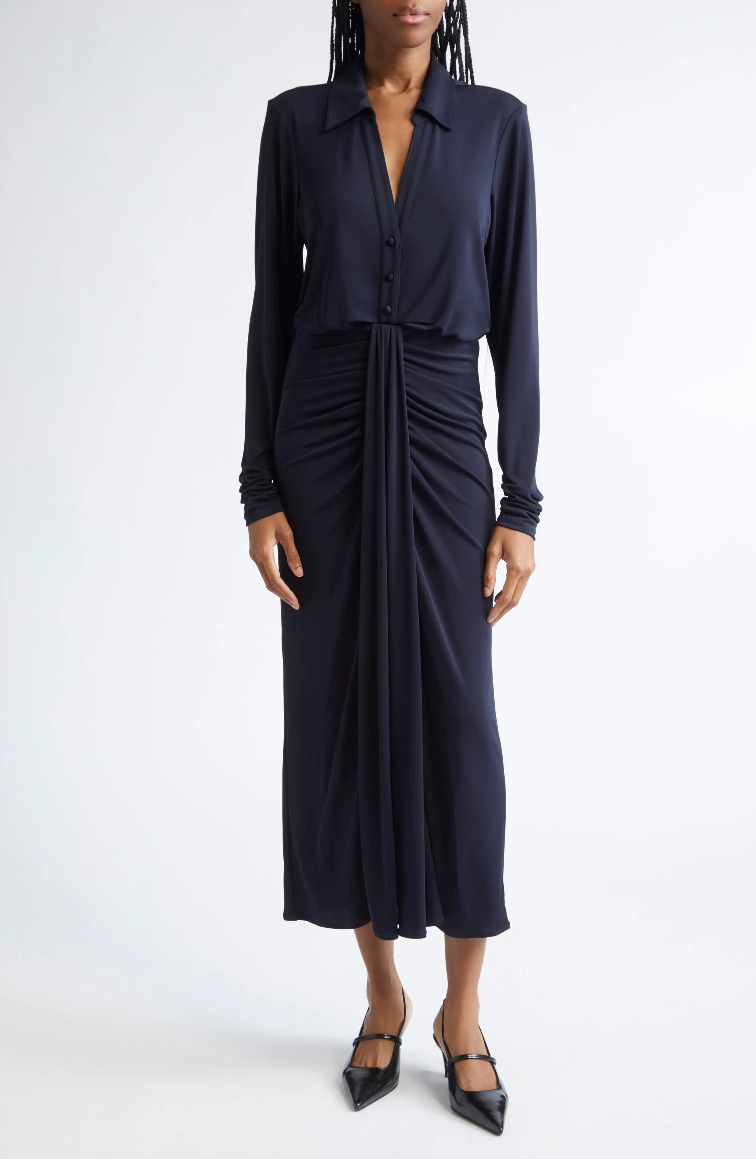 Cinq à Sept Seferina Ruched Detail Long Sleeve Shirtdress in Navy at Nordstrom, Size 6 | Nordstrom