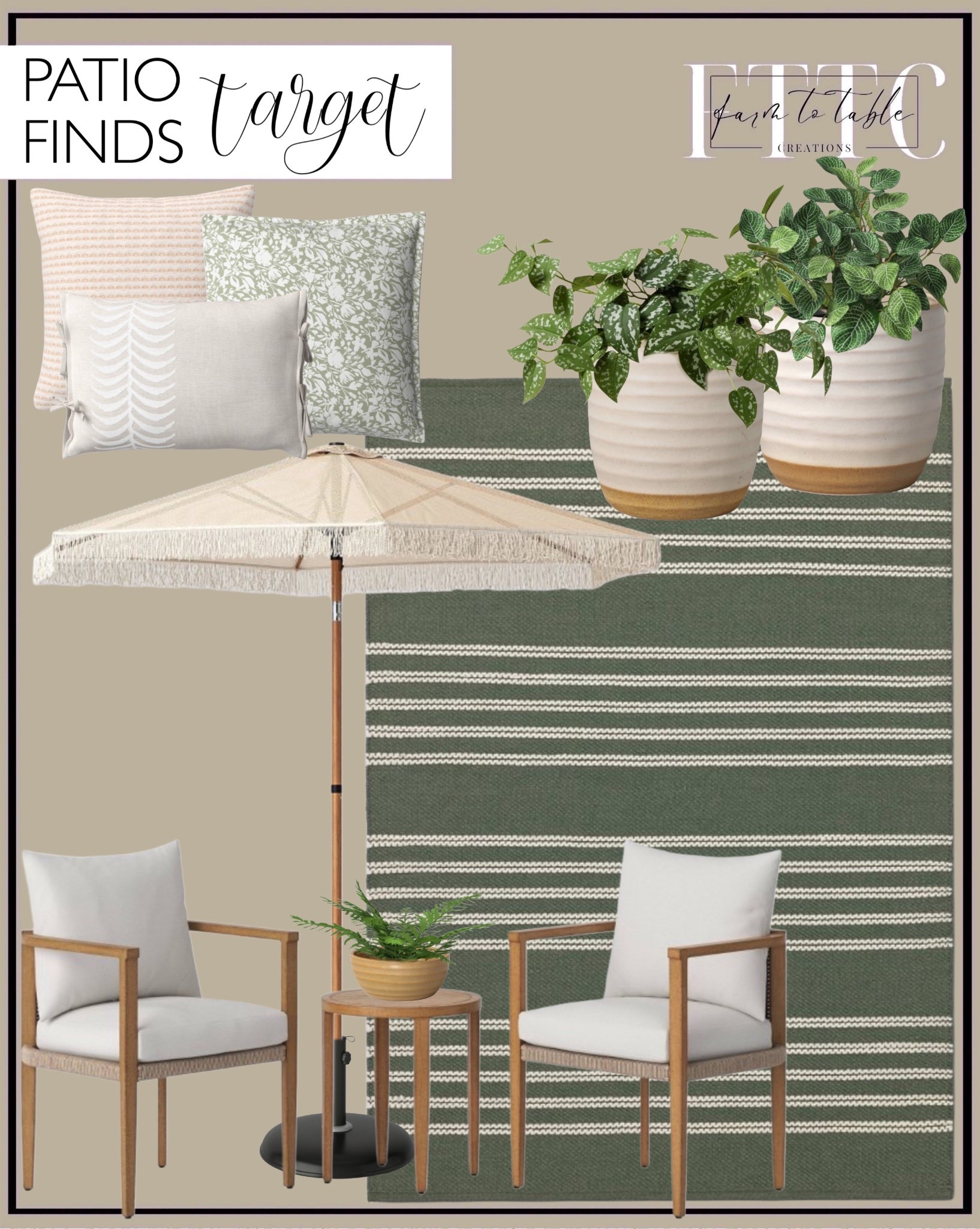 Target Patio Finds. Follow @farmtotablecreations on Instagram for more inspiration.

3pc Pasadena Patio Chat Set Gray - Threshold designed with Studio McGee. Striped Hand-Loomed Outdoor Rug. Outdoor Throw Pillows. Outdoor Lumbar Pillow. Outdoor Patio Market Umbrella. Split Glaze Ceramic Indoor Outdoor Planter Pot. Mosaic Artificial Leaf in White Pot. Pothos Plant. Artificial Fern Plant. 

Patio Finds | Bedroom Furniture | nightstands | Home Decor| Fireplace Decor | Spring Refresh |  Bedroom Finds | Neutral Stems | Spring Stems | Bookshelf Decor | Bedroom Space | Cozy  Corner | Bathroom | Curated Entryway | Spring  Decor | End of Year Clearance | Trending Decor | Viral Decor  | Coffee Table Decor | Neutral Decor | Stem Sale | Target Finds | Skinny Bench | Bedroom | Living Room | Breakfast Nook | Amazon Home | Target Sale | Loloi Rugs | Magnolia Home | console table | console table styling | faux stems | entryway space | front porch decor | neutral decor | entryway decor | cozy home | affordable decor |  home decor | home inspiration | console styling | entryway rug | cozy moody home | moody home decor | neutral home | bathroom decor | living room | spring decor | Hearth & Hand | Studio McGee | 2025 Home Trends | trending home | Crate&Barrel 




#LTKFindsUnder50 #LTKHome #LTKSeasonal