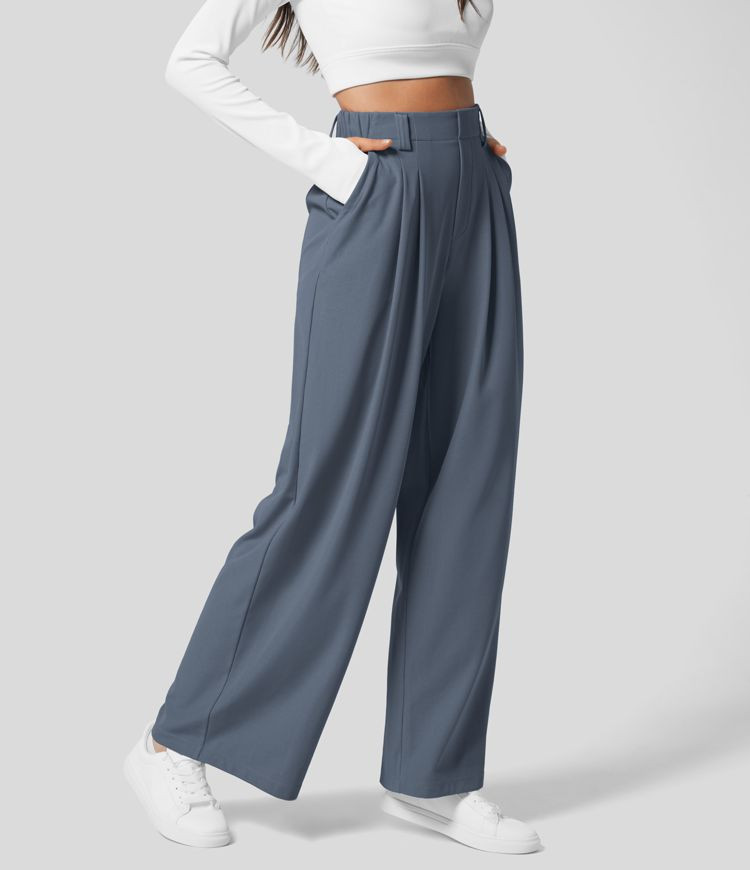High Waisted Plicated Side Pocket Wide Leg Waffle Work Pants | HALARA