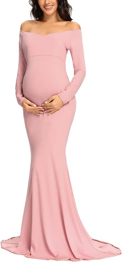 Ecavus Women's Off Shoulder Maternity Dress Slim Cross-Front V Neck Long&Short Sleeves Gowns for Pho | Amazon (US)