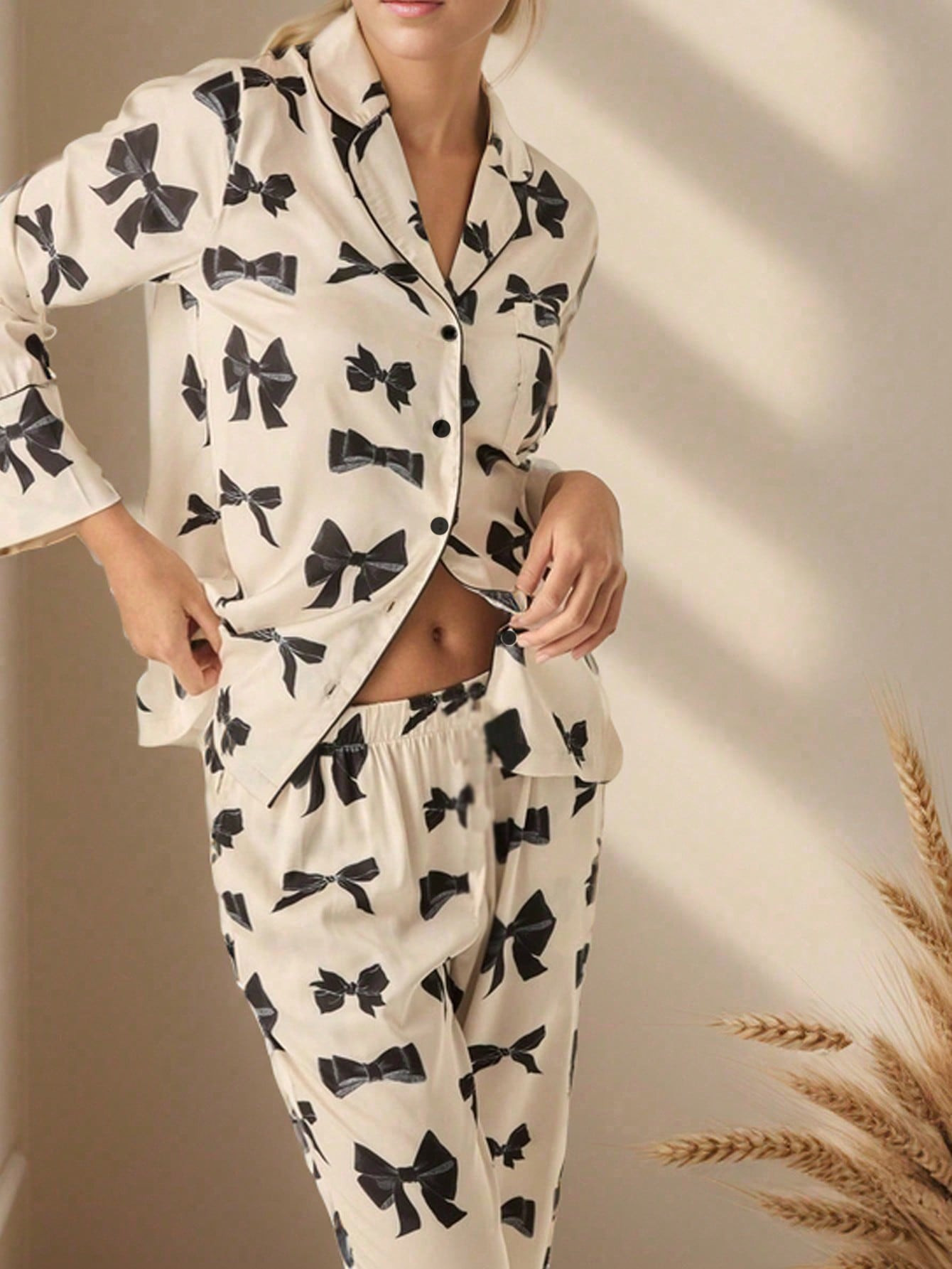 Conjunto de pijama de manga larga y pantalón largo para mujer, cuello vuelto con estampado de ma... | SHEIN