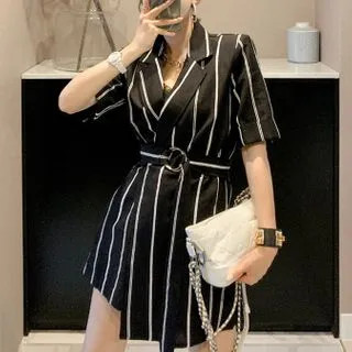 Short-Sleeve Striped Lapel Romper | YesStyle Global