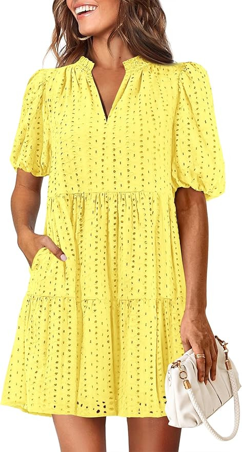 KIRUNDO Eyelet Summer Dresses for Women 2026 Mini Casual Hollow Out Short Sleeve Lace Tiered V Ne... | Amazon (US)