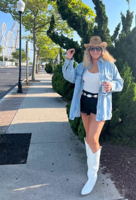 Country concert outfit, Nashville outfit, summer outfit, midsize outfit, black denim shorts, denim shacket, cowgirl hat, coastal cowgirl outfit

#LTKMidsize #LTKStyleTip #LTKFestival