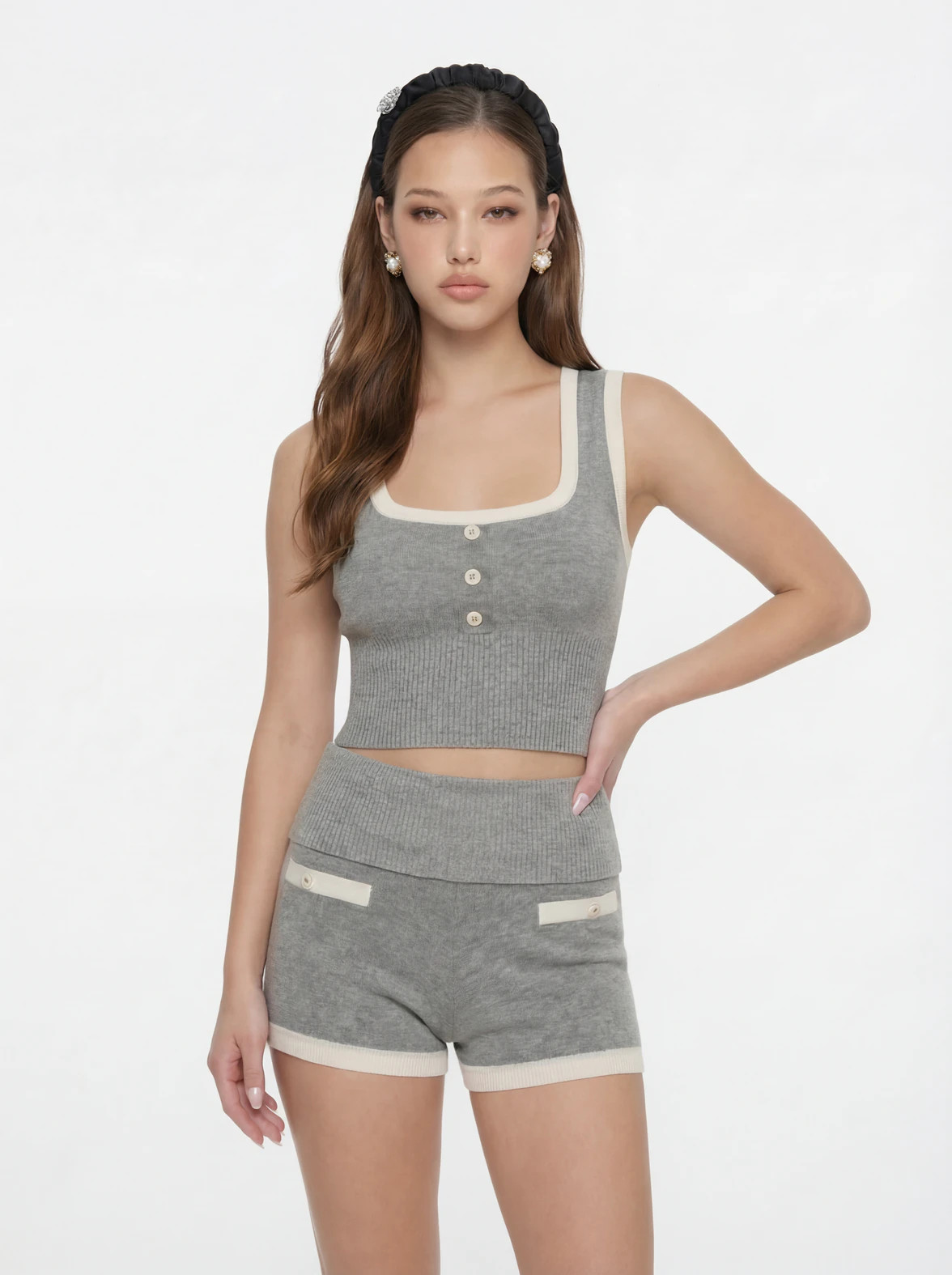 Grey Knit Shorts with Fold-Over Waistband | Nana Jacqueline | Nana Jacqueline