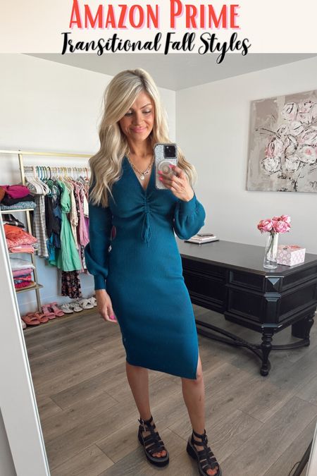 Cute blue cinched midi dress - on sale Amazon prime day under $50! Linked some cute black sandals I found marked down for prime day that would also look cute with this cozy fall dress! 🍁

#LTKxPrimeDay #LTKSeasonal #LTKsalealert