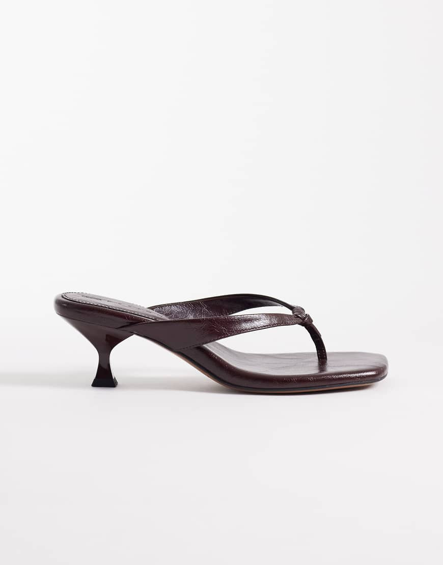 ASOS DESIGN Havana toe thong kitten heel sandals in chocolate-Brown | ASOS (Global)