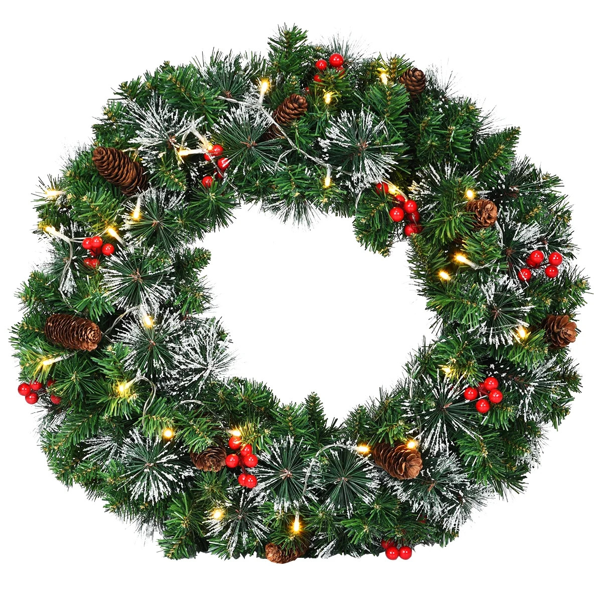 Costway 24'' Pre-Lit Spruce Wreath Pinecone Red Berries 8 Flash Modes | Walmart (US)