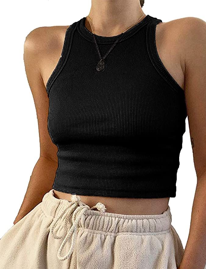 Meladyan Women's Round Neck Basic Racerback Camisole Rib-Knit Solid Sleeveless Crop Tank Tops | Amazon (US)