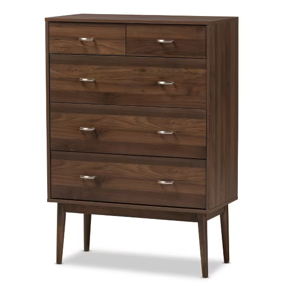 Disa Mid Century Modern Walnut Finished Wood 5 Drawer Chest Brown - Baxton Studio | Target