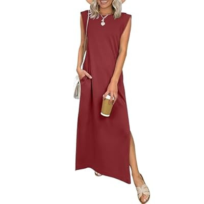 ANRABESS Women Summer Casual Sleeveless Maxi Dress 2026 Crewneck Loose Split Wrinkle-Fr… | Amazon (US)