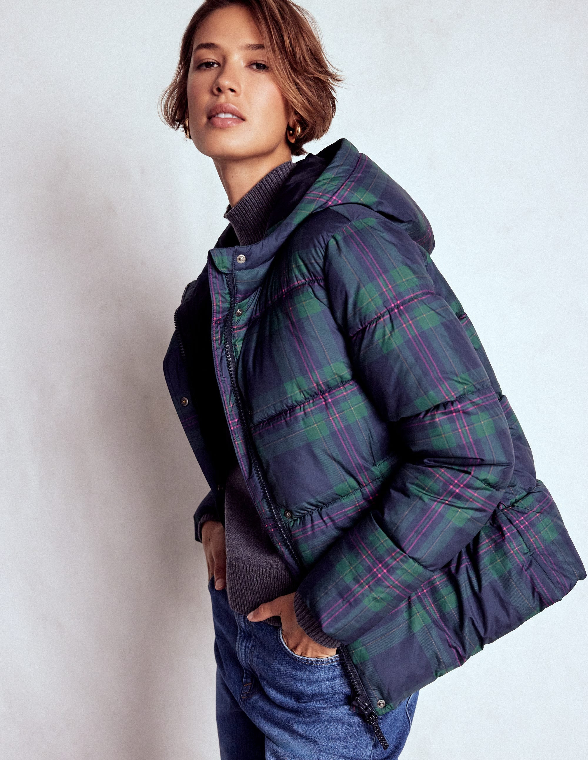 Padded Puffer Coat-Navy & Green Tonal Check | Boden UK