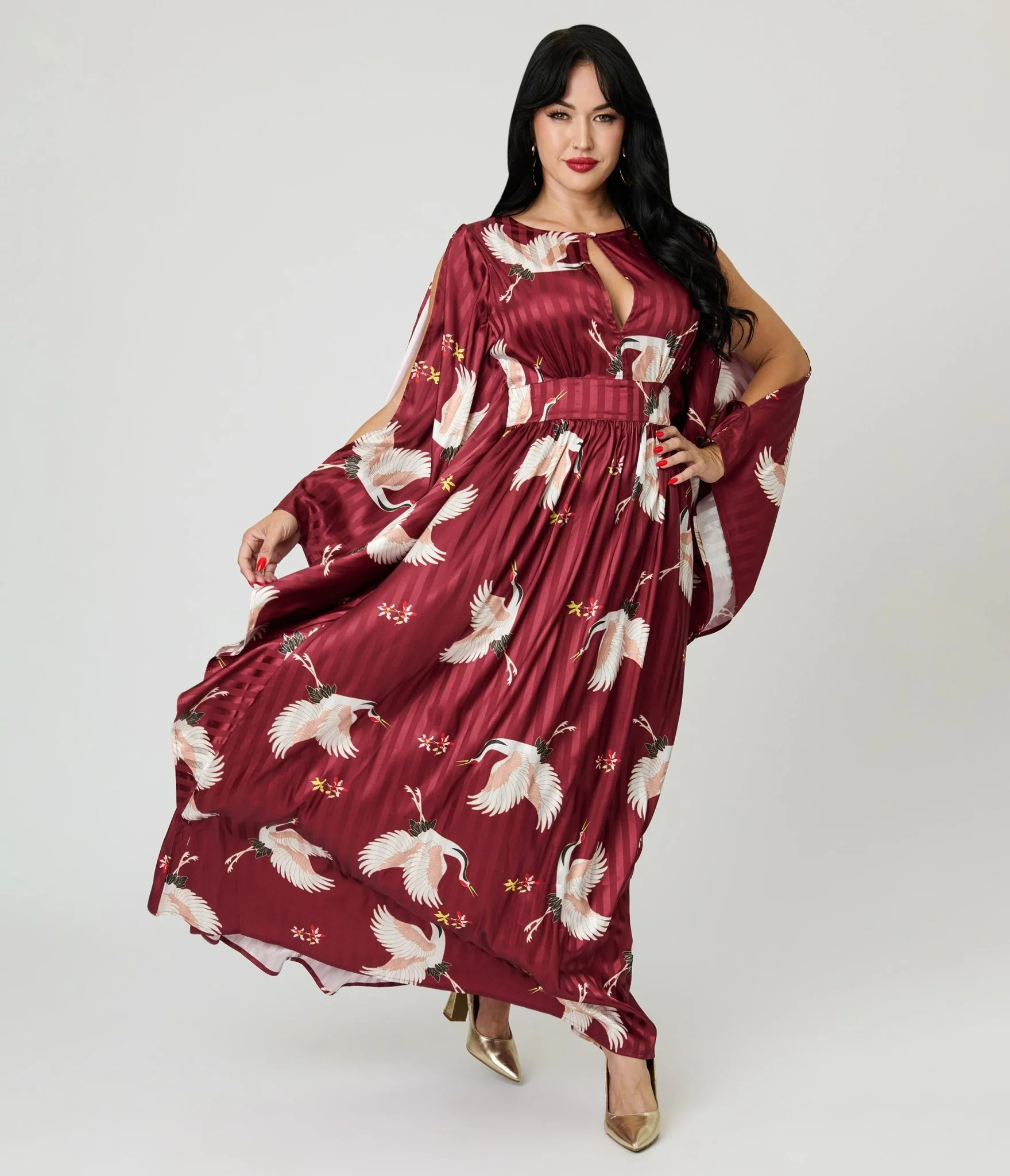 Unique Vintage Burgundy Crane Flutter Sleeve Caftan | UniqueVintage