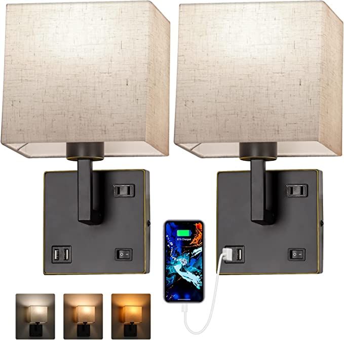 Wall Sconce Lighting,Bedside Wall Mount Light with USB Port,AC Outlet and 3 Color Temperature 270... | Amazon (US)