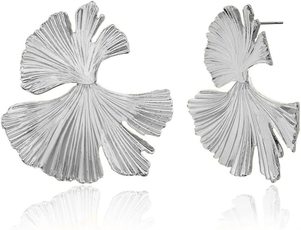 Ginkgo Leaf Flower Earrings, Gold Geometric Statement Earring for Women Girls, 14K Gold Plated Bi... | Amazon (US)