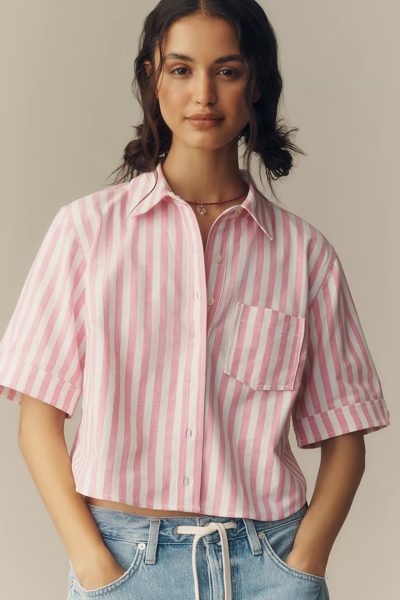 Merritt Short-Sleeve Cropped Buttondown Shirt by Maeve | Anthropologie (UK)
