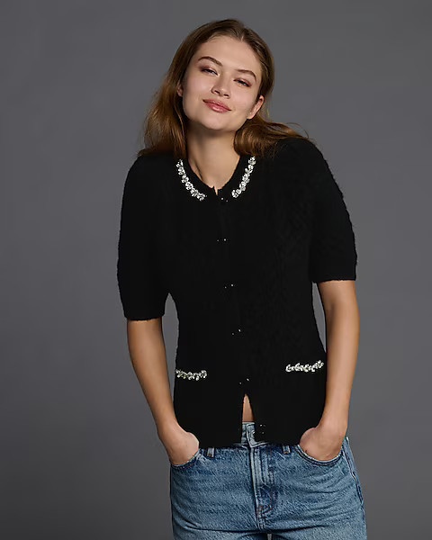 Embellished Cable Knit Short Sleeve Cardigan | Express