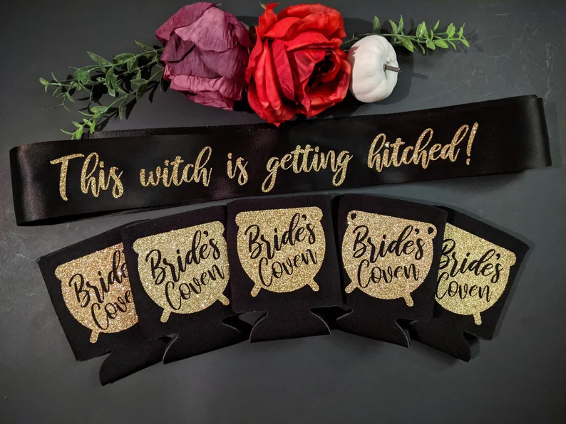This witch is getting hitched sash and Bride's Coven Can Coolers set / bridal party/ Halloween we... | Etsy (US)