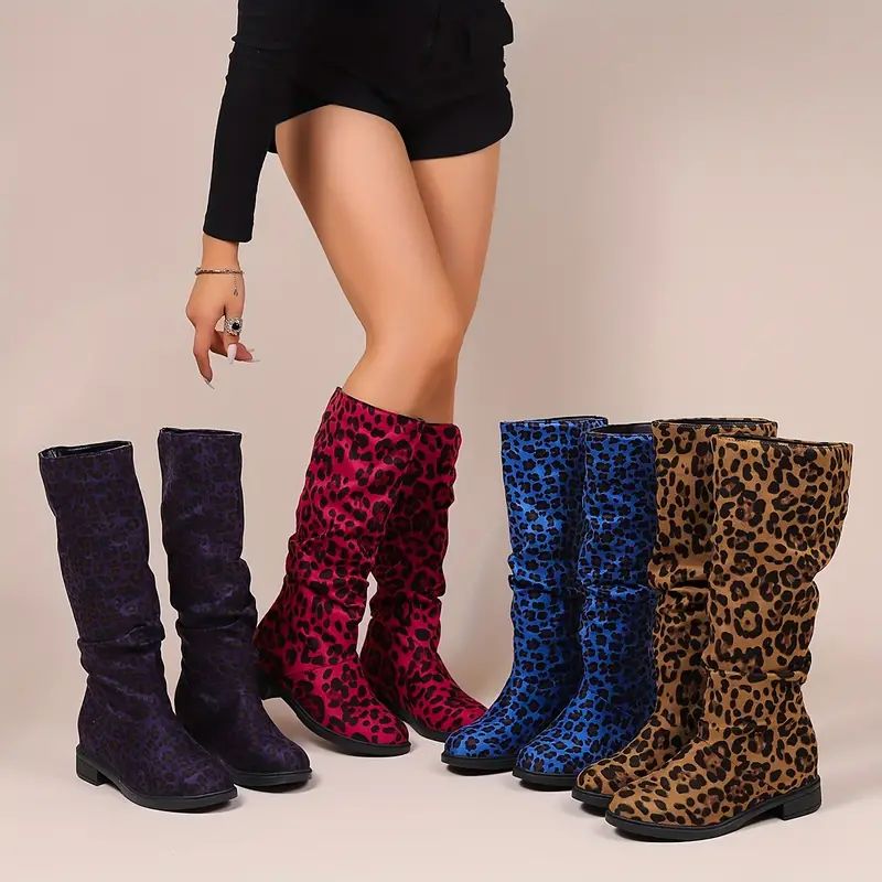 Women's Leopard Print Mid Calf Boots, Fashion Round Toe Pull On Shoes, Comfortable Chunky Low Hee... | Temu Affiliate Program