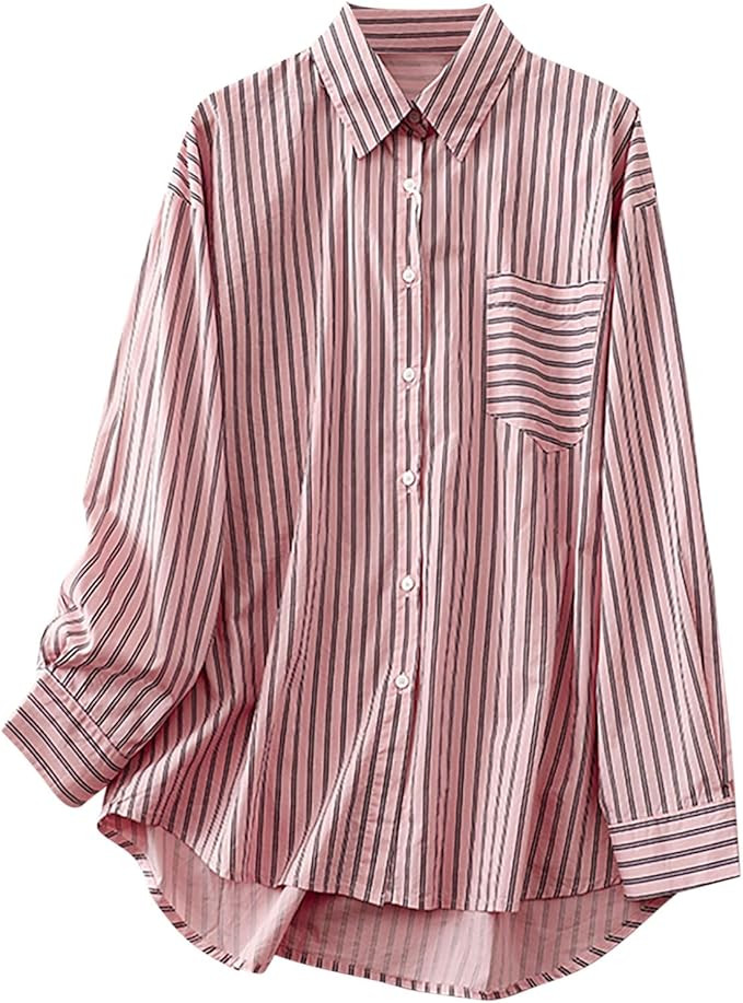 Women's Cotton Linen Striped Color Block Button Down Shirt Long Sleeve Lapel Casual Oversized Blo... | Amazon (US)