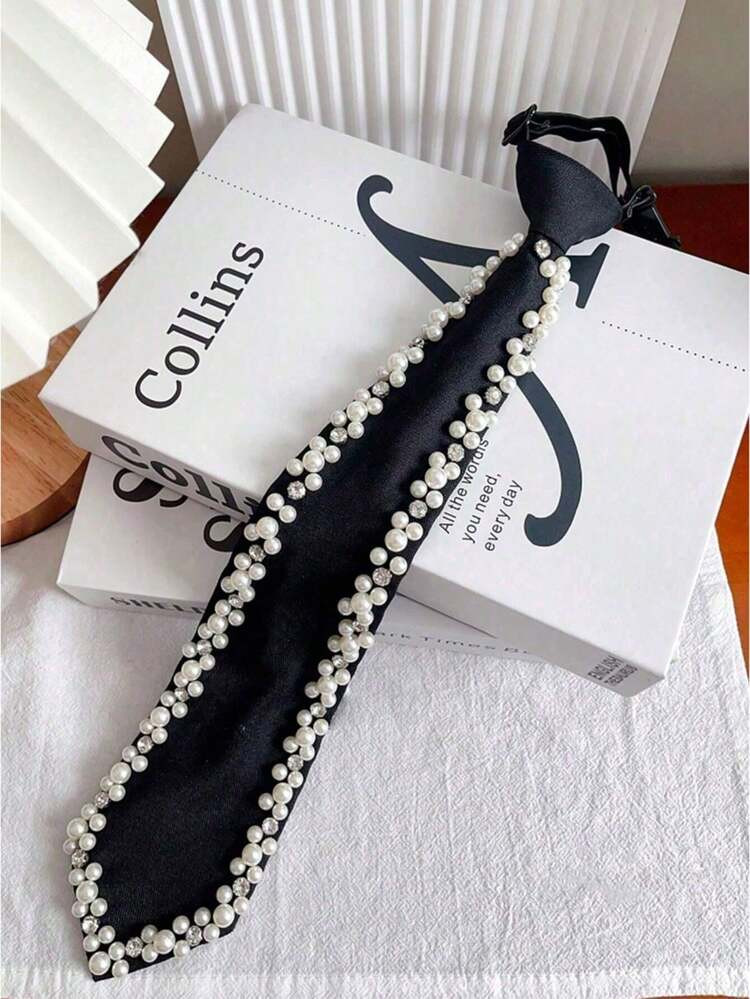 1pc Elegant Unisex Pearl Decorated Tie, Handmade Pearl Embellished Adjustable Silk Pre-Tied Necktie, Suitable For Formal Occasions, Business Meetings, Weddings, Parties (Handcrafted, Pearl Arrangement Random) | SHEIN