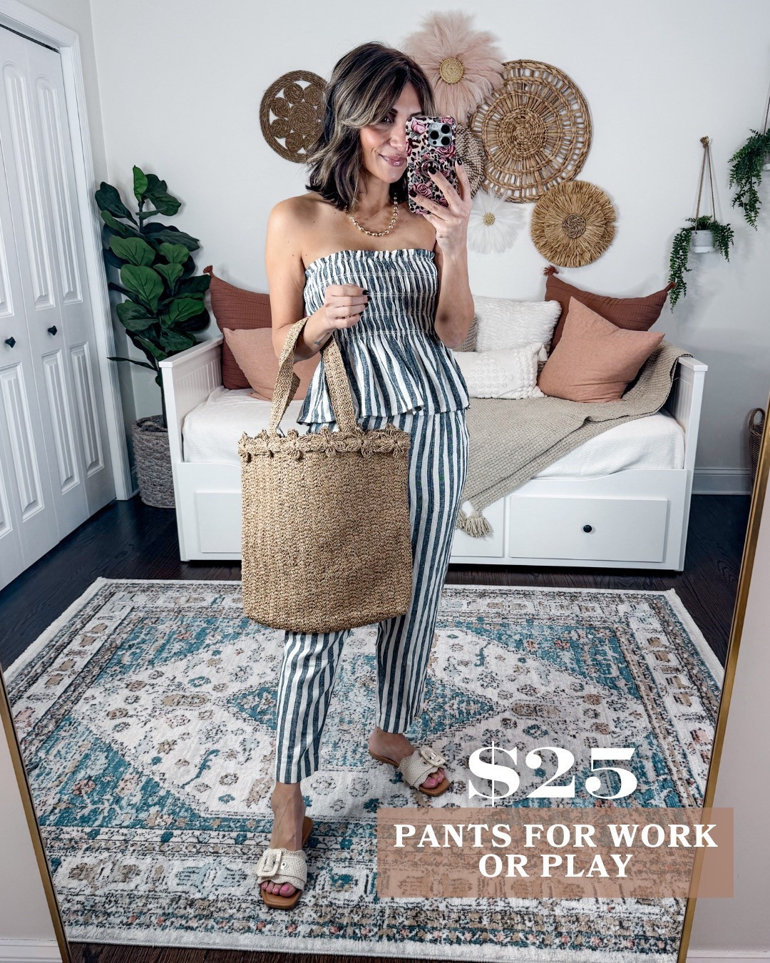 Target linen pants and strapless top 
Straw tote

#LTKTravel #LTKFindsUnder50 #LTKOver40