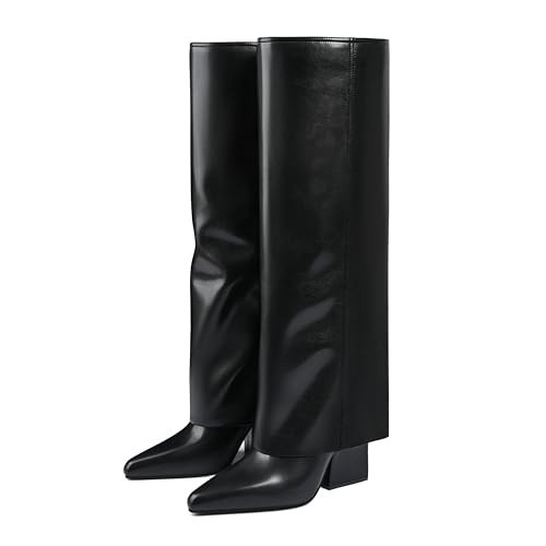 Vaslemuse Knee High Boots for Women Fold Over Pointed Toe Shark Tall Boots Block Low Heel Long Boots with Side Zipper - Black 7 | Amazon (US)