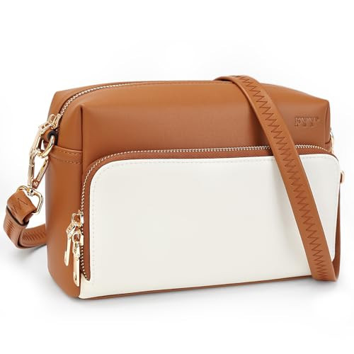 FYY Small Crossbody Bags for Women Vegan Leather Crossbody Purses for Women Travel with Adjustable Shoulder Strap White and Brown | Amazon (US)