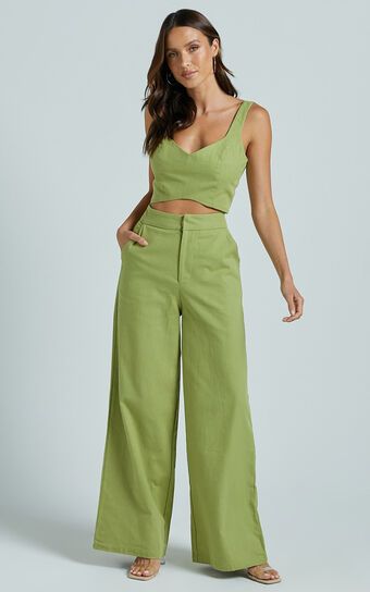 Kiky Two Piece Set - Curve Fitted Crop High Waisted Pant in Celery | Showpo (US, UK & Europe)