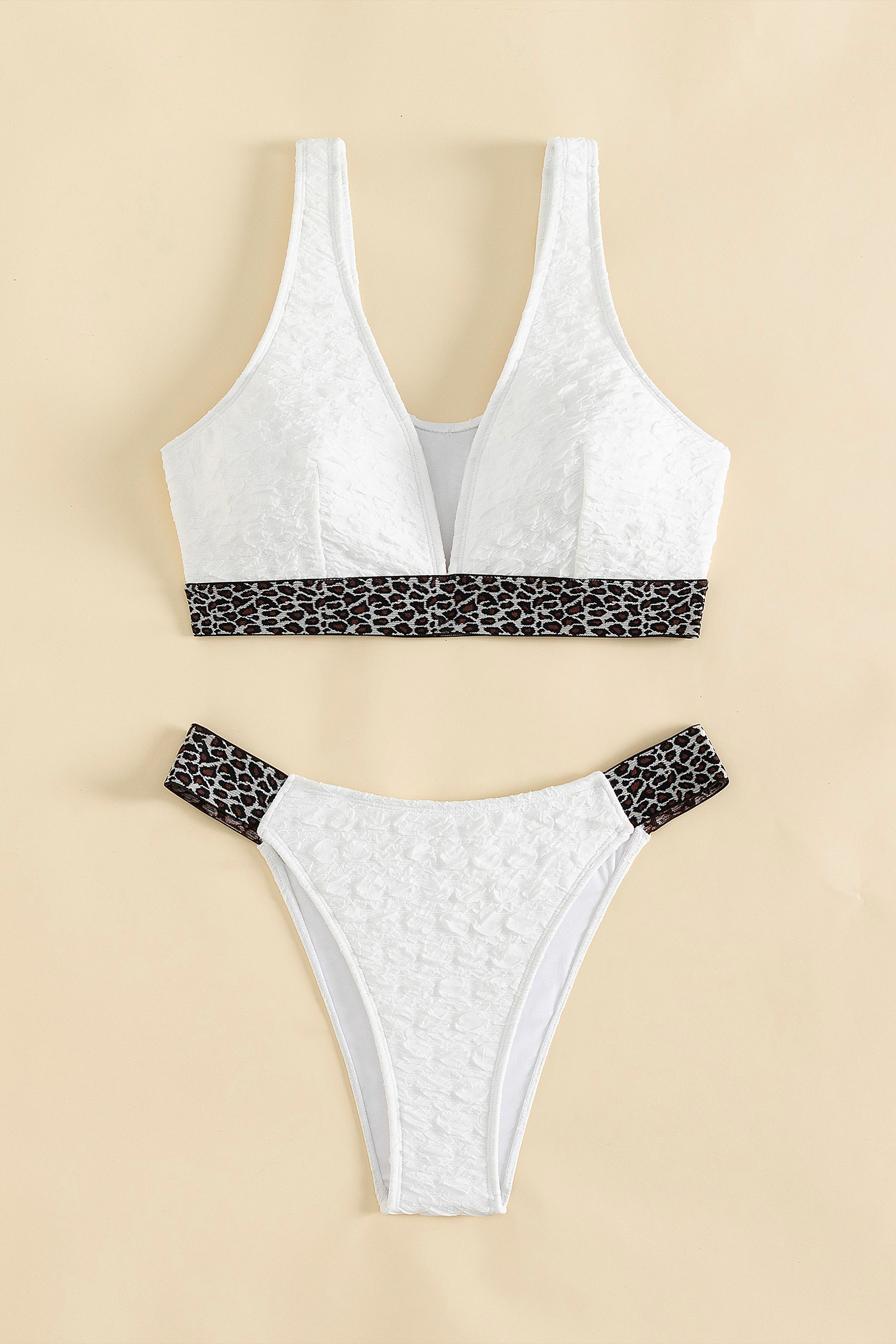 Leopard Print Trim Textured Bralette & Cheeky Bikini Set | Cupshe US